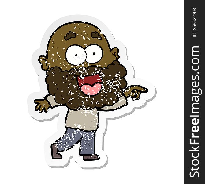 Distressed Sticker Of A Cartoon Crazy Happy Man With Beard