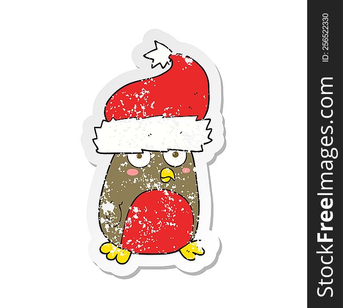 Retro Distressed Sticker Of A Cartoon Christmas Robin Wearing Santa Hat