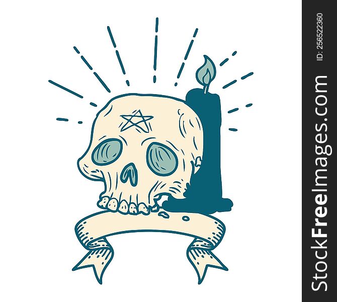 scroll banner with tattoo style spooky skull and candle