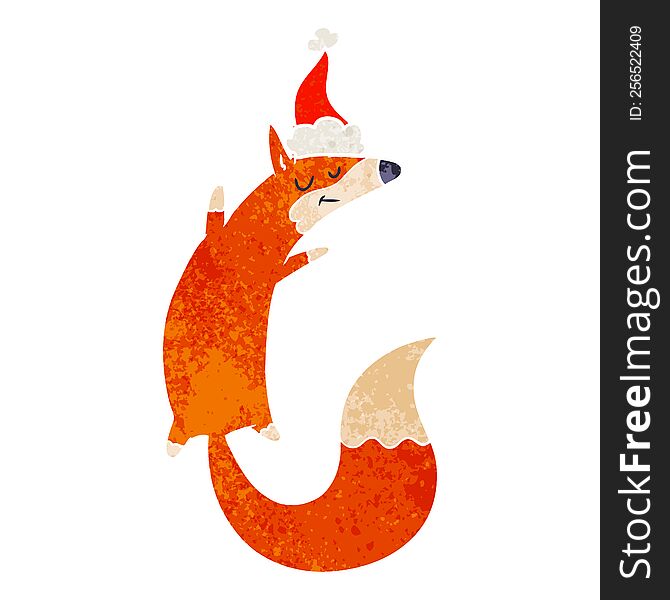 Retro Cartoon Of A Jumping Fox Wearing Santa Hat