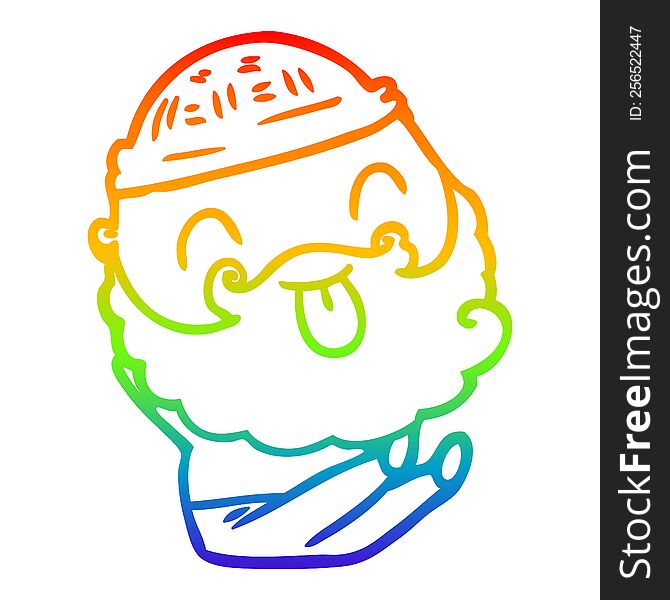 rainbow gradient line drawing of a sitting man with beard sticking out tongue