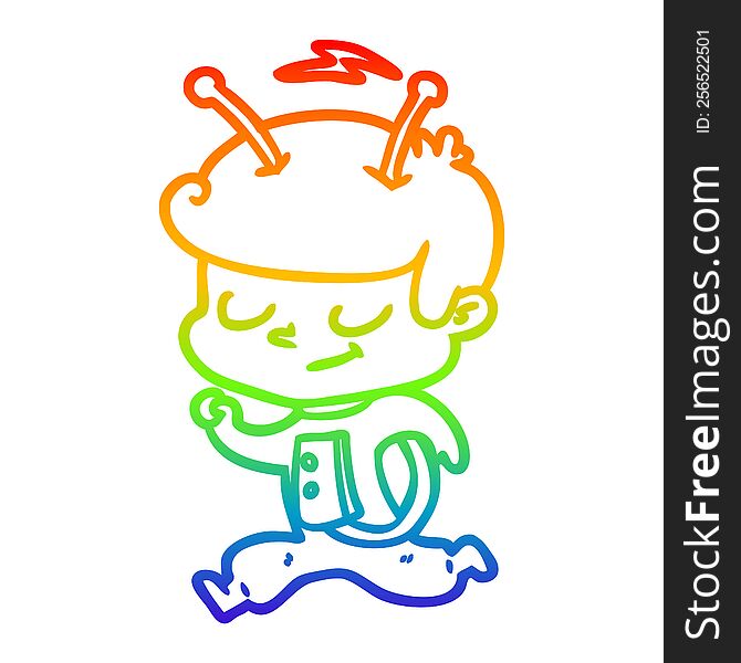 rainbow gradient line drawing of a friendly cartoon spaceman running