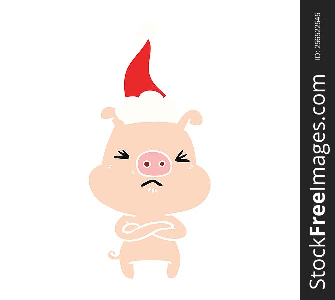 hand drawn flat color illustration of a angry pig wearing santa hat