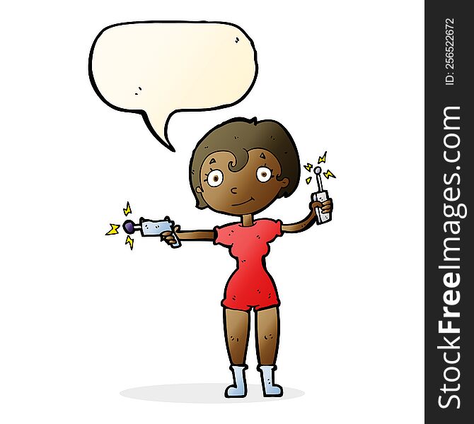 cartoon future space girl with speech bubble