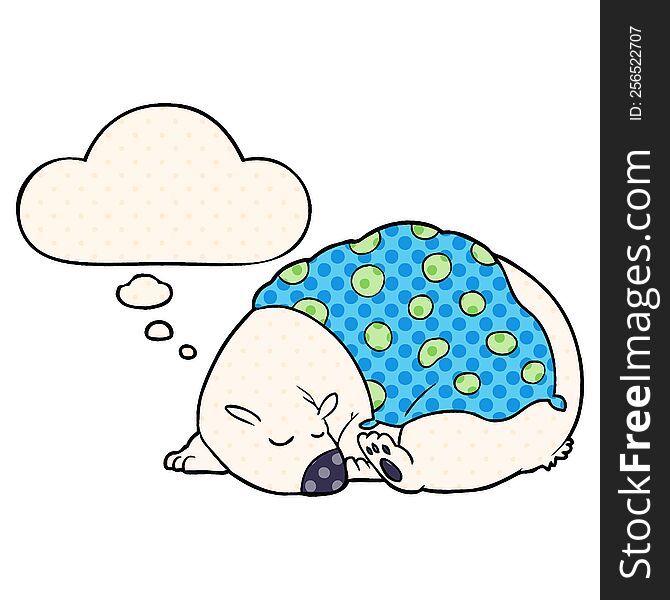 cartoon polar bear sleeping with thought bubble in comic book style