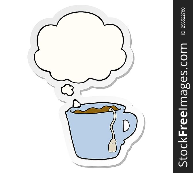 cartoon hot cup of tea with thought bubble as a printed sticker