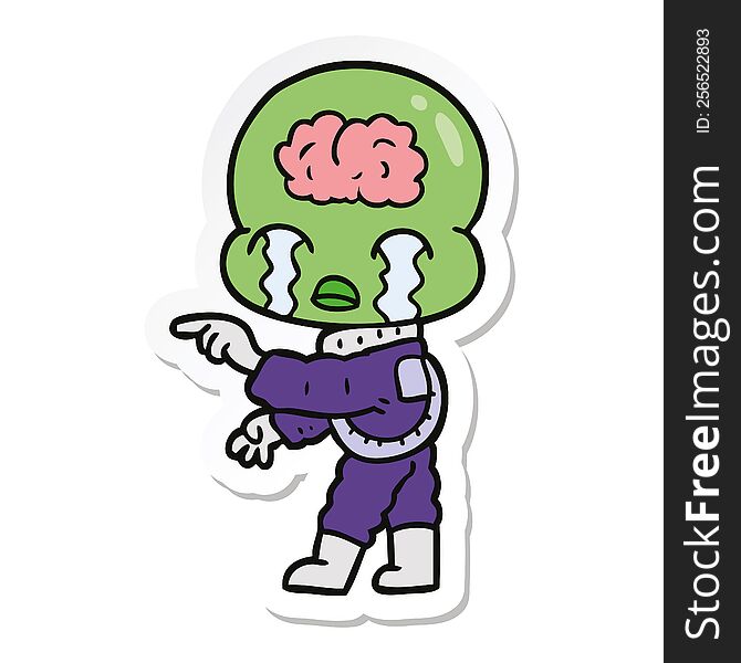 Sticker Of A Cartoon Big Brain Alien Crying And Pointing