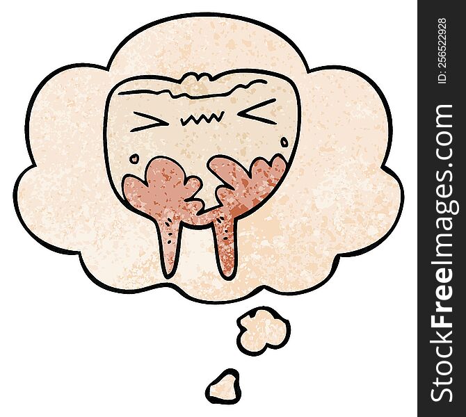 Cartoon Bad Tooth And Thought Bubble In Grunge Texture Pattern Style
