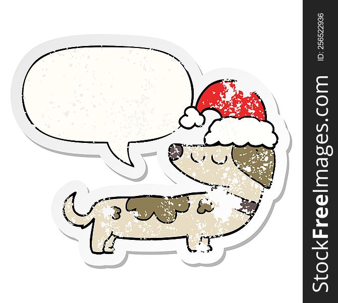 cartoon dog wearing christmas hat with speech bubble distressed distressed old sticker. cartoon dog wearing christmas hat with speech bubble distressed distressed old sticker