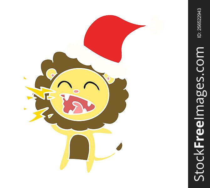 hand drawn flat color illustration of a roaring lion wearing santa hat