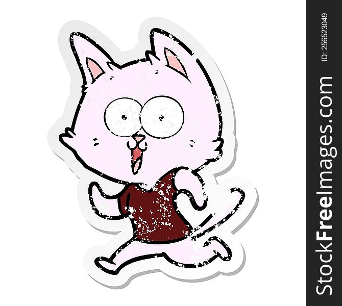 Distressed Sticker Of A Funny Cartoon Cat Jogging