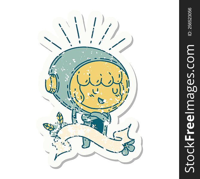 Grunge Sticker Of Tattoo Style Woman In Astronaut Suit