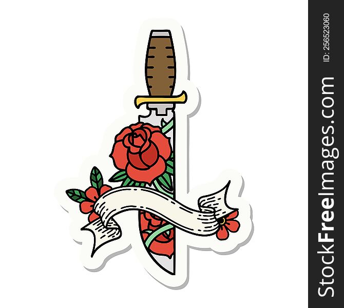 tattoo style sticker with banner of a dagger and flowers