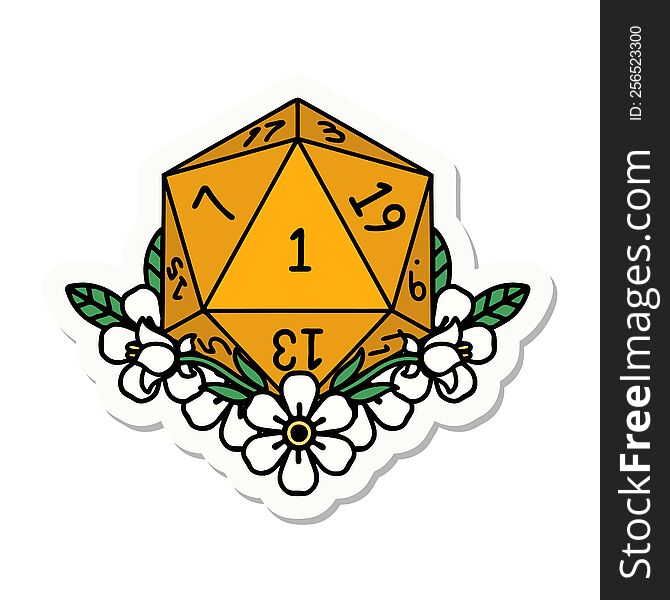 Natural One Dice Roll With Floral Elements Sticker