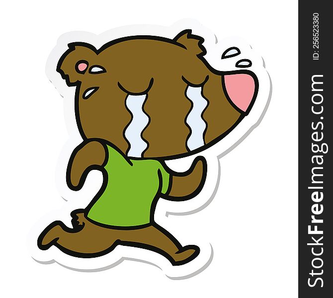 sticker of a cartoon crying bear running