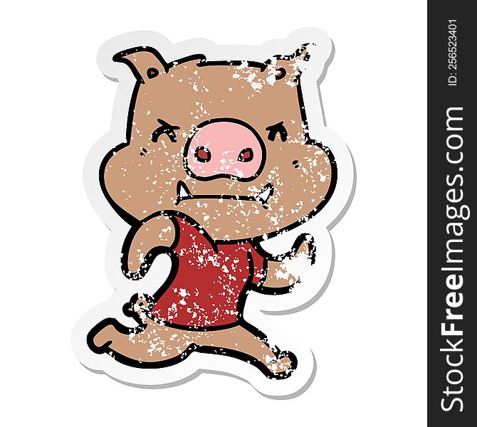 Distressed Sticker Of A Angry Cartoon Pig Running