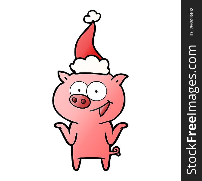 hand drawn gradient cartoon of a pig with no worries wearing santa hat