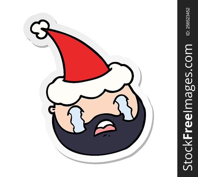 hand drawn sticker cartoon of a male face with beard wearing santa hat