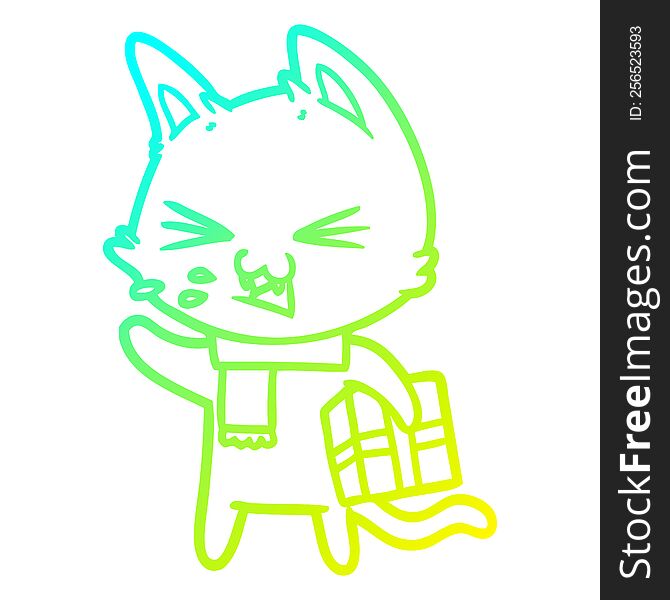 Cold Gradient Line Drawing Cartoon Hissing Cat With Christmas Present