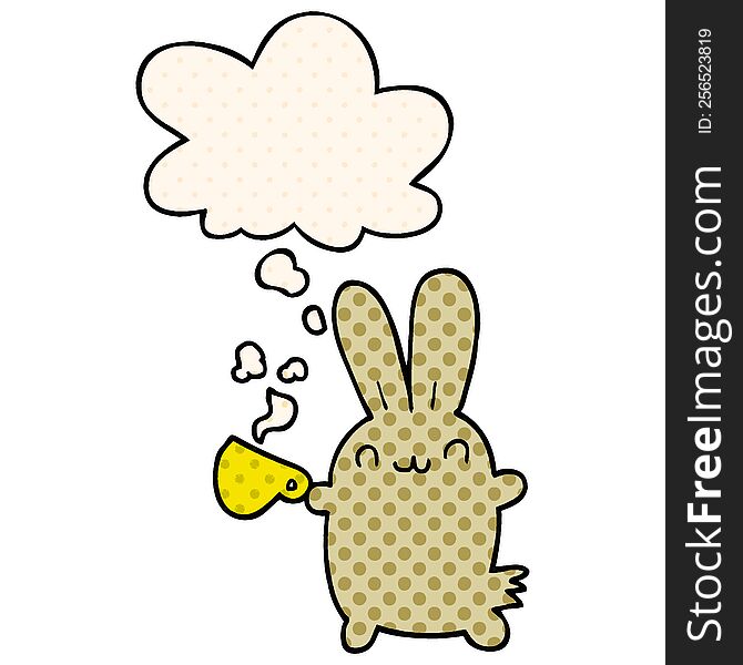 Cute Cartoon Rabbit Drinking Coffee And Thought Bubble In Comic Book Style