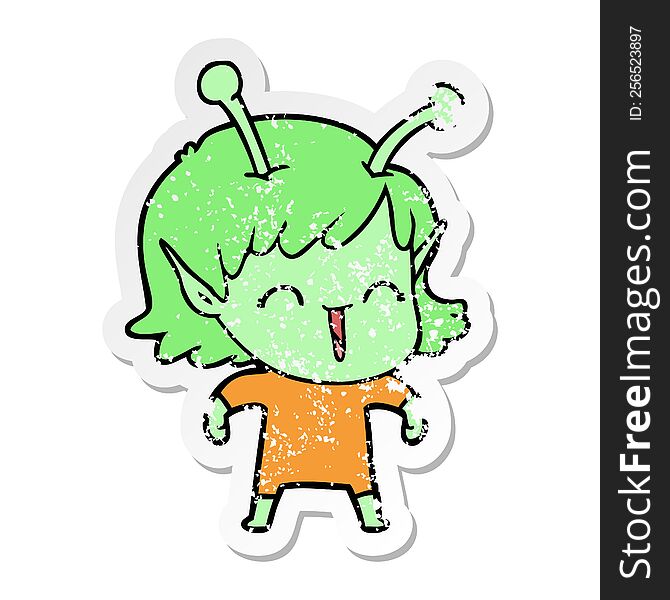 Distressed Sticker Of A Cartoon Alien Girl Laughing
