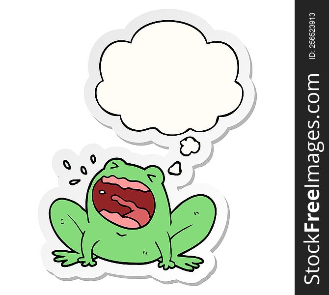 cartoon frog shouting with thought bubble as a printed sticker