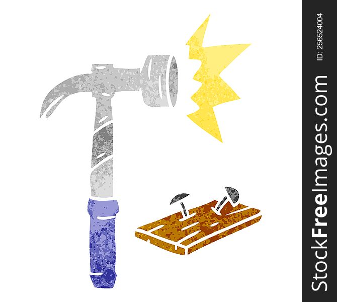 retro cartoon doodle of a hammer and nails