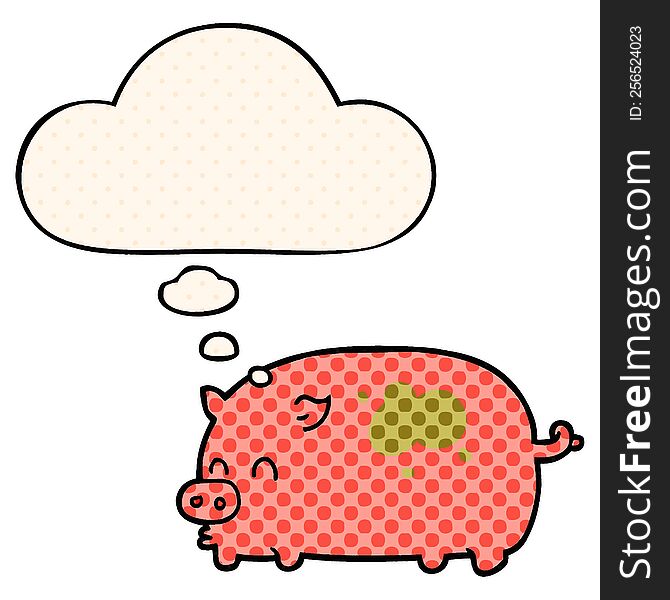 Cute Cartoon Pig And Thought Bubble In Comic Book Style