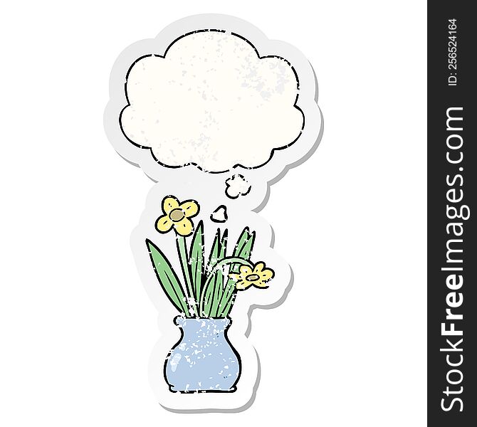 Cartoon Flower In Pot And Thought Bubble As A Distressed Worn Sticker