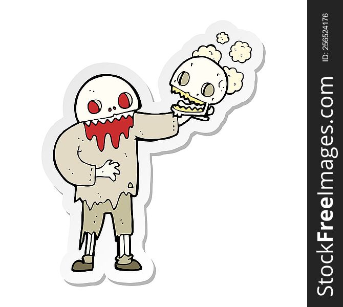 sticker of a cartoon zombie holding a skull