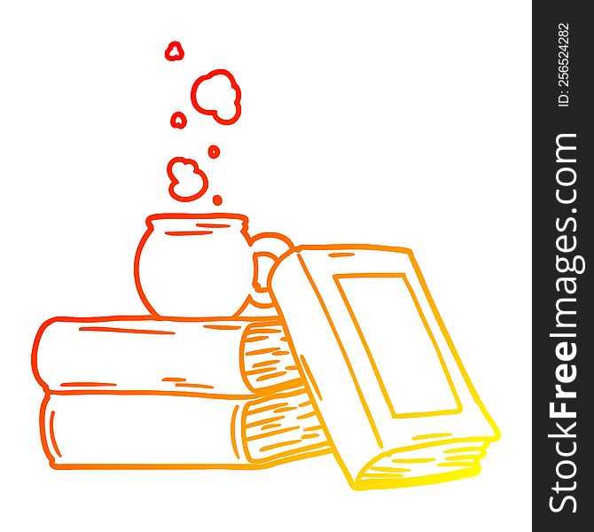 warm gradient line drawing of a cartoon coffee cup and study books