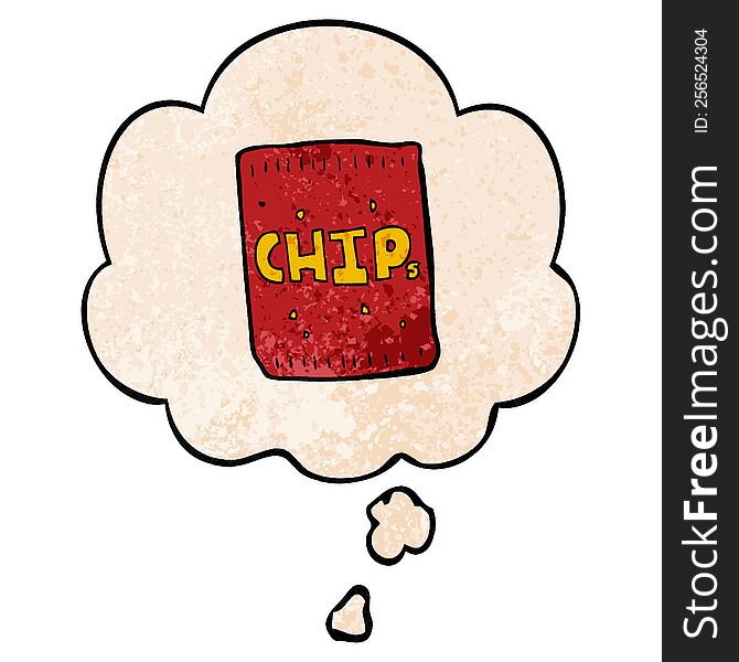 cartoon packet of chips and thought bubble in grunge texture pattern style