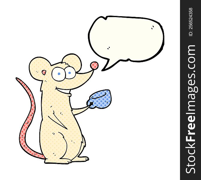 freehand drawn comic book speech bubble cartoon mouse with cup of tea