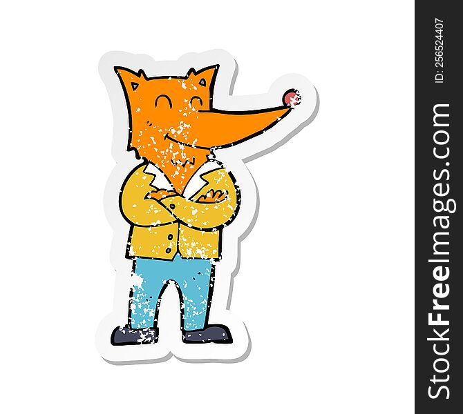 retro distressed sticker of a cartoon fox in shirt