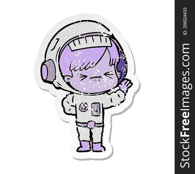 Distressed Sticker Of A Angry Cartoon Space Girl Waving