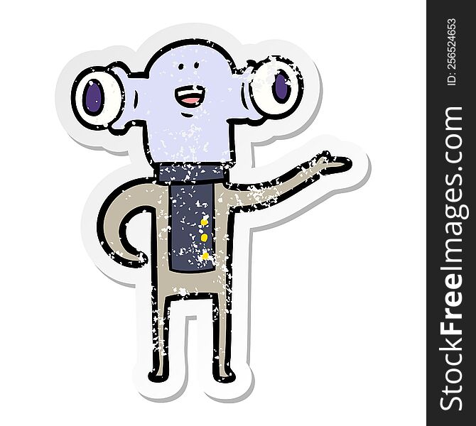 Distressed Sticker Of A Friendly Cartoon Alien Gesturing