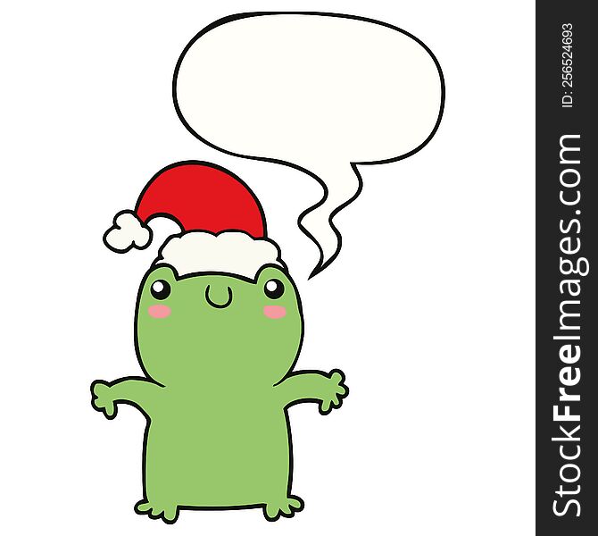 Cute Cartoon Frog Wearing Christmas Hat And Speech Bubble
