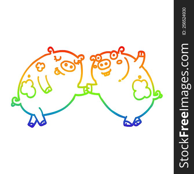 rainbow gradient line drawing cartoon pigs dancing
