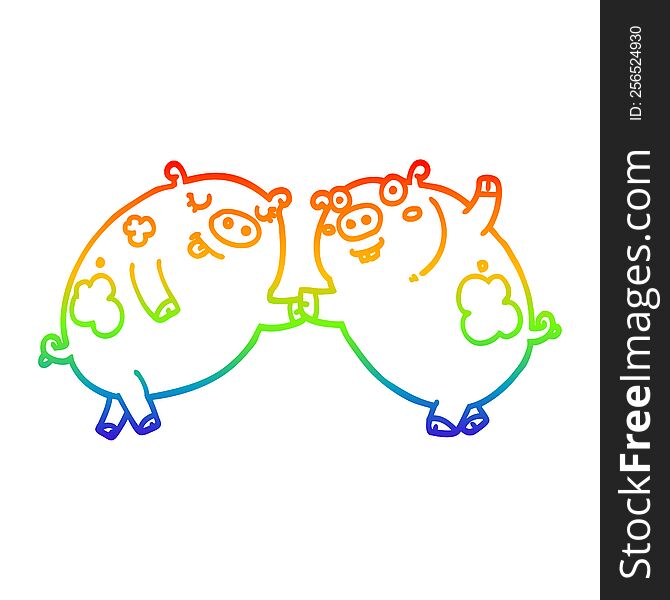 Rainbow Gradient Line Drawing Cartoon Pigs Dancing