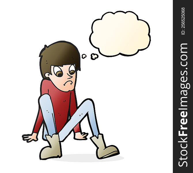 cartoon boy sitting on floor with thought bubble