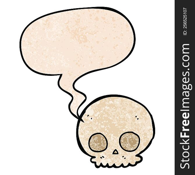 cartoon skull with speech bubble in retro texture style