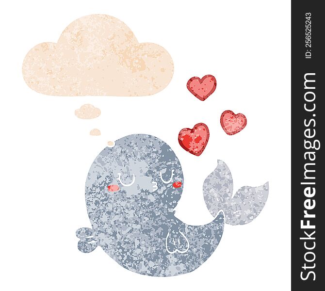 Cute Cartoon Whale In Love And Thought Bubble In Retro Textured Style
