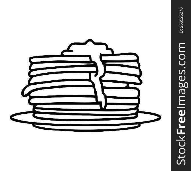 line doodle of a stack of tasty pancakes dripping with butter. line doodle of a stack of tasty pancakes dripping with butter