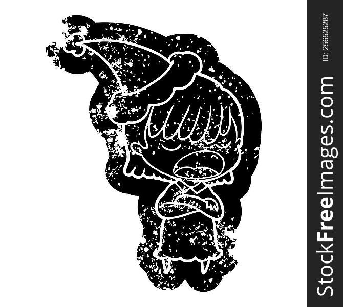 quirky cartoon distressed icon of a woman talking loudly wearing santa hat