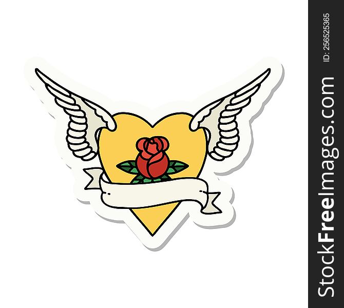 Tattoo Style Sticker Of A Heart With Wings A Rose And Banner