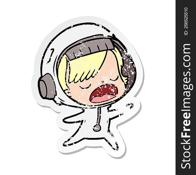 distressed sticker of a cartoon talking astronaut woman