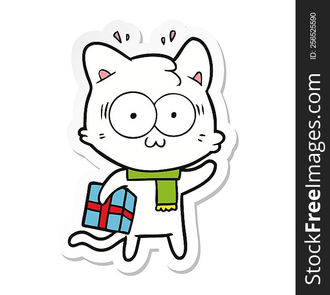 Sticker Of A Cartoon Surprised Cat With Christmas Present