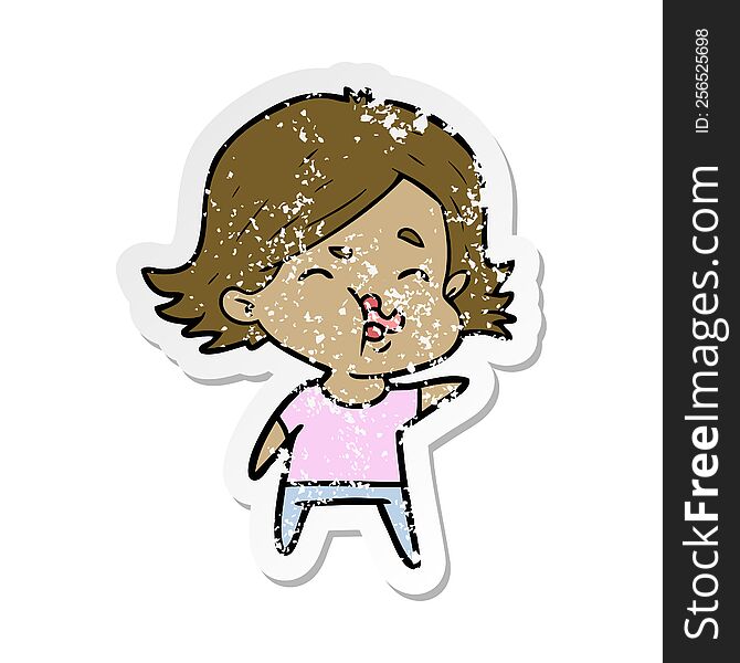 Distressed Sticker Of A Cartoon Girl Pulling Face