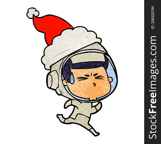 hand drawn textured cartoon of a stressed astronaut wearing santa hat