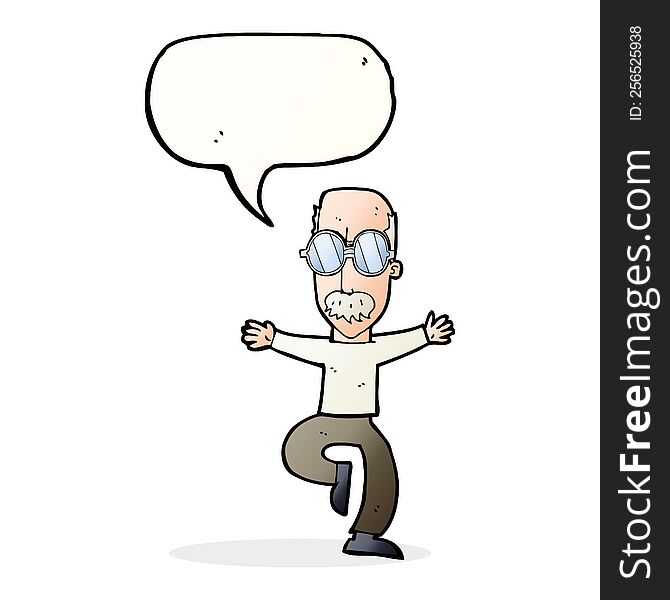 cartoon old man wearing big glasses with speech bubble